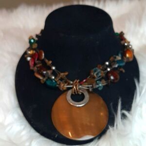 Multi color Beaded Necklace W Brown‎ Shiny Pendant